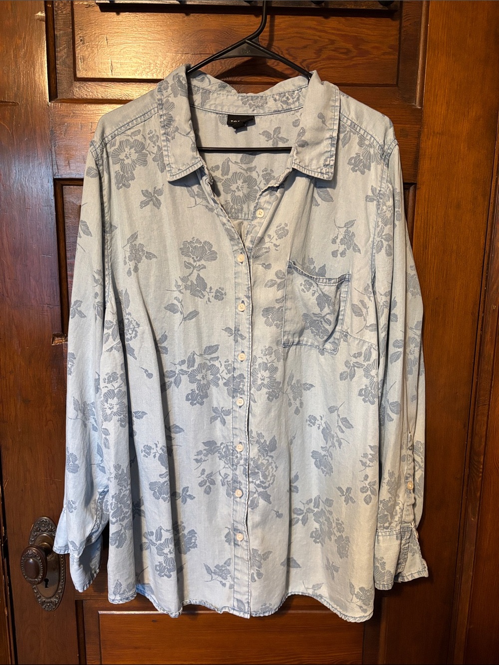 torrid Light Wash Floral Denim-Style Button Front Shirt